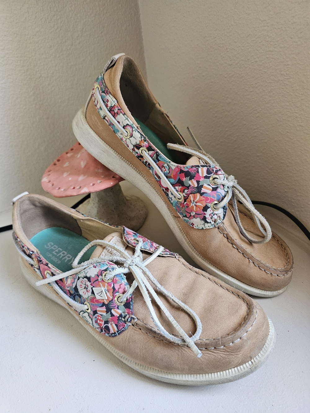 Sperry Tan Boat Shoes with Pink Floral Trim